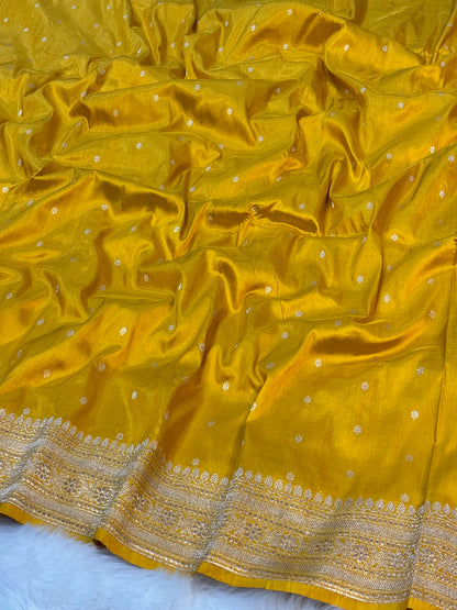 Pure Katan Silk Handwoven Banarasi Saree – Yellow Base with Rich Zari Border