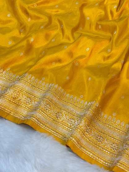 Pure Katan Silk Handwoven Banarasi Saree – Yellow Base with Rich Zari Border