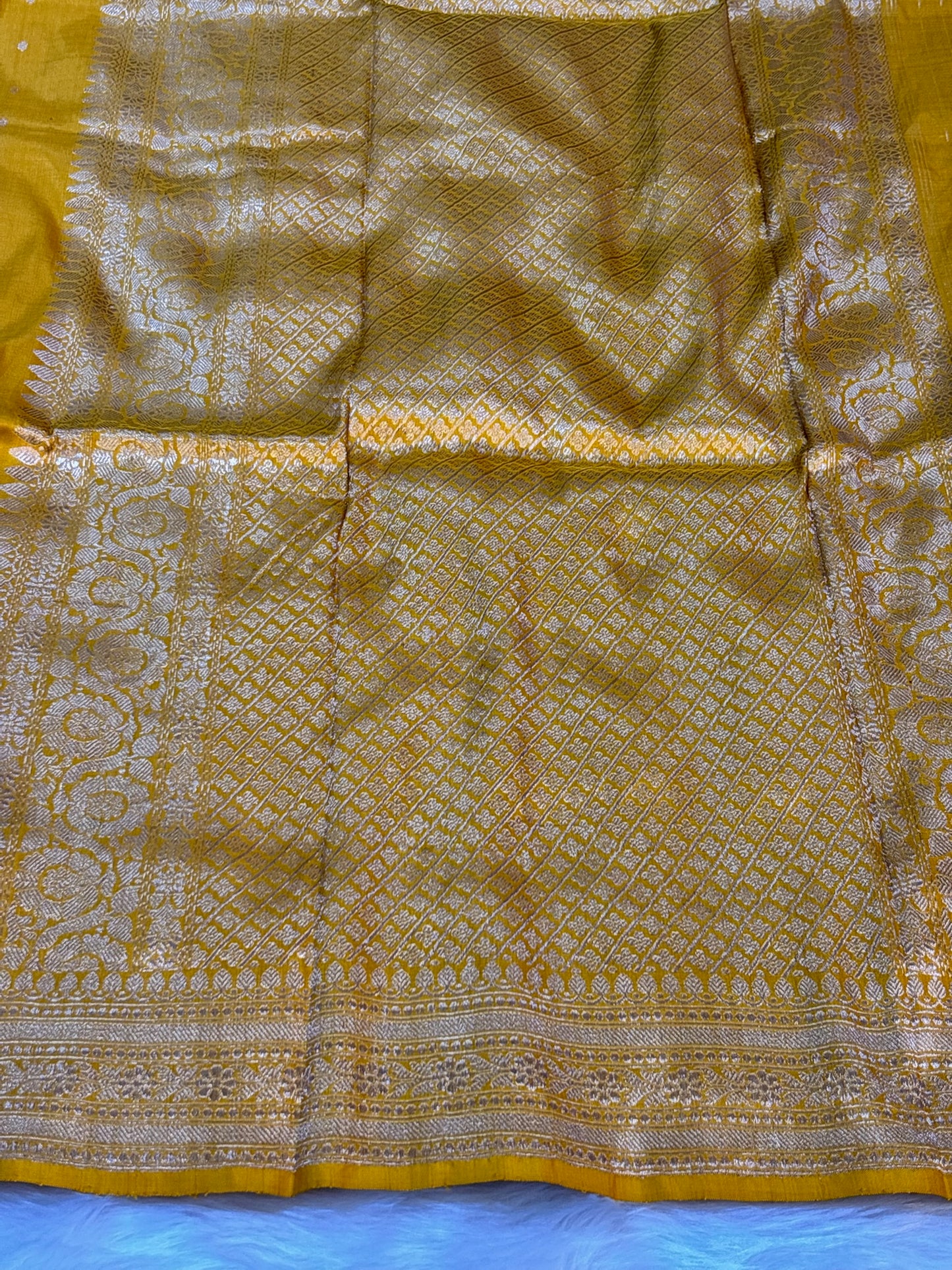 Pure Katan Silk Handwoven Banarasi Saree – Yellow Base with Rich Zari Border