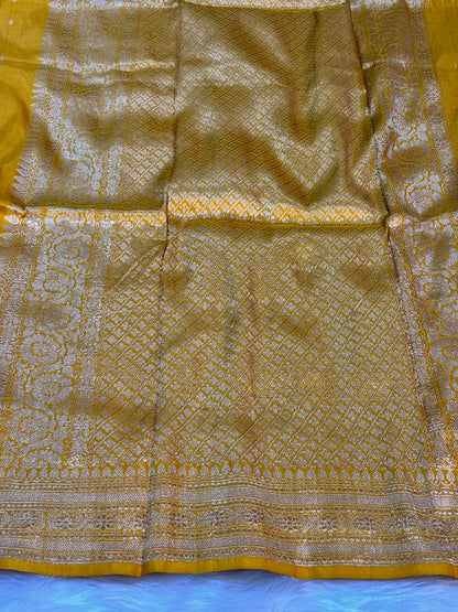 Pure Katan Silk Handwoven Banarasi Saree – Yellow Base with Rich Zari Border