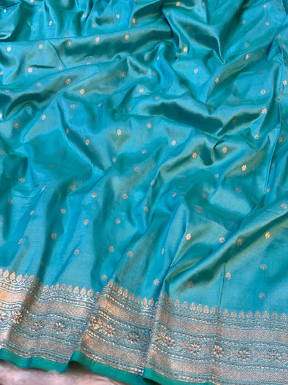 Pure Katan Silk Handwoven Banarasi Saree – Blue Base with Rich Zari Border