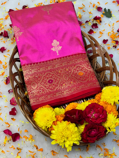Pure Katan Silk Handwoven Banarasi Saree – Hot Pink Base with Rich Zari Border