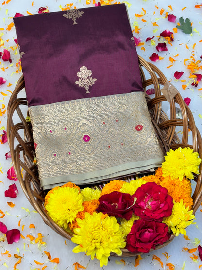 Pure Katan Silk Handwoven Banarasi Saree – Wine Base with Rich Zari Border
