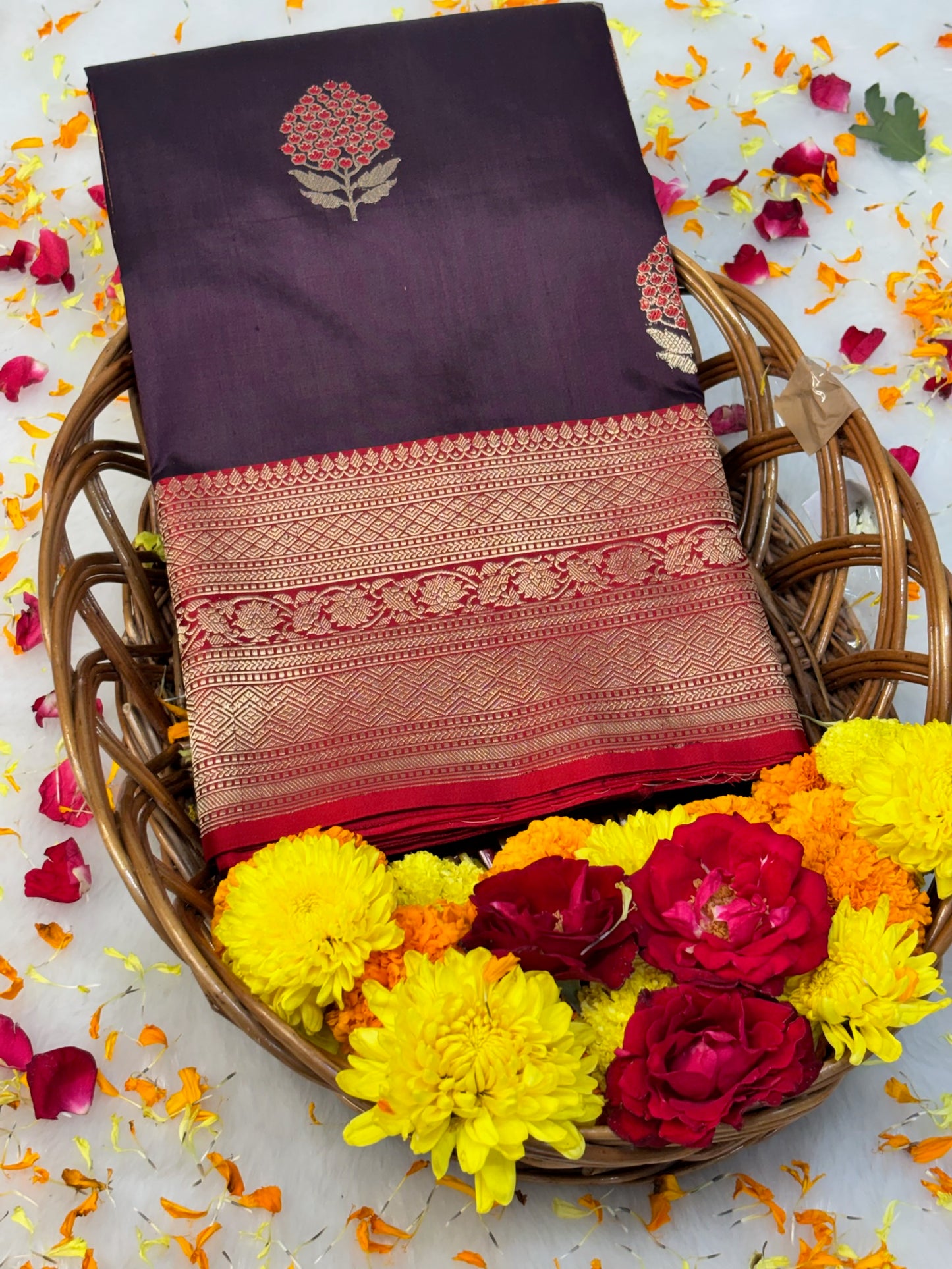 Pure Katan Silk Handwoven Banarasi Saree – Wine Base with Rich Red Zari Border