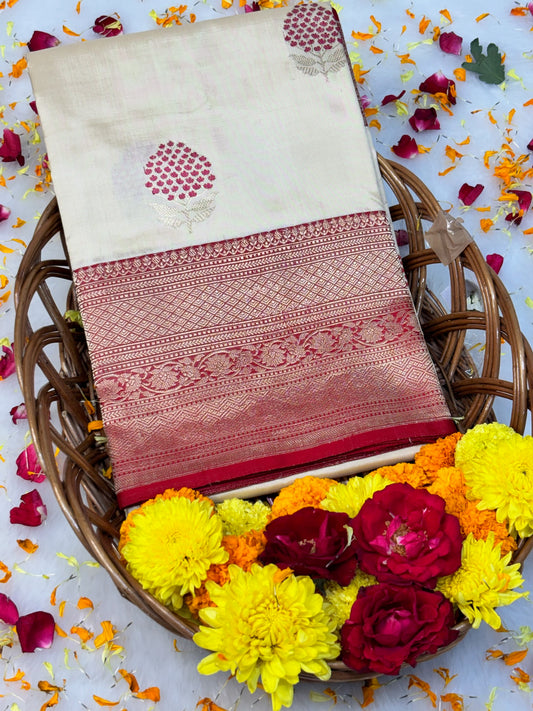 Pure Katan Silk Handwoven Banarasi Saree – Ivory Base with Rich Red Zari Border