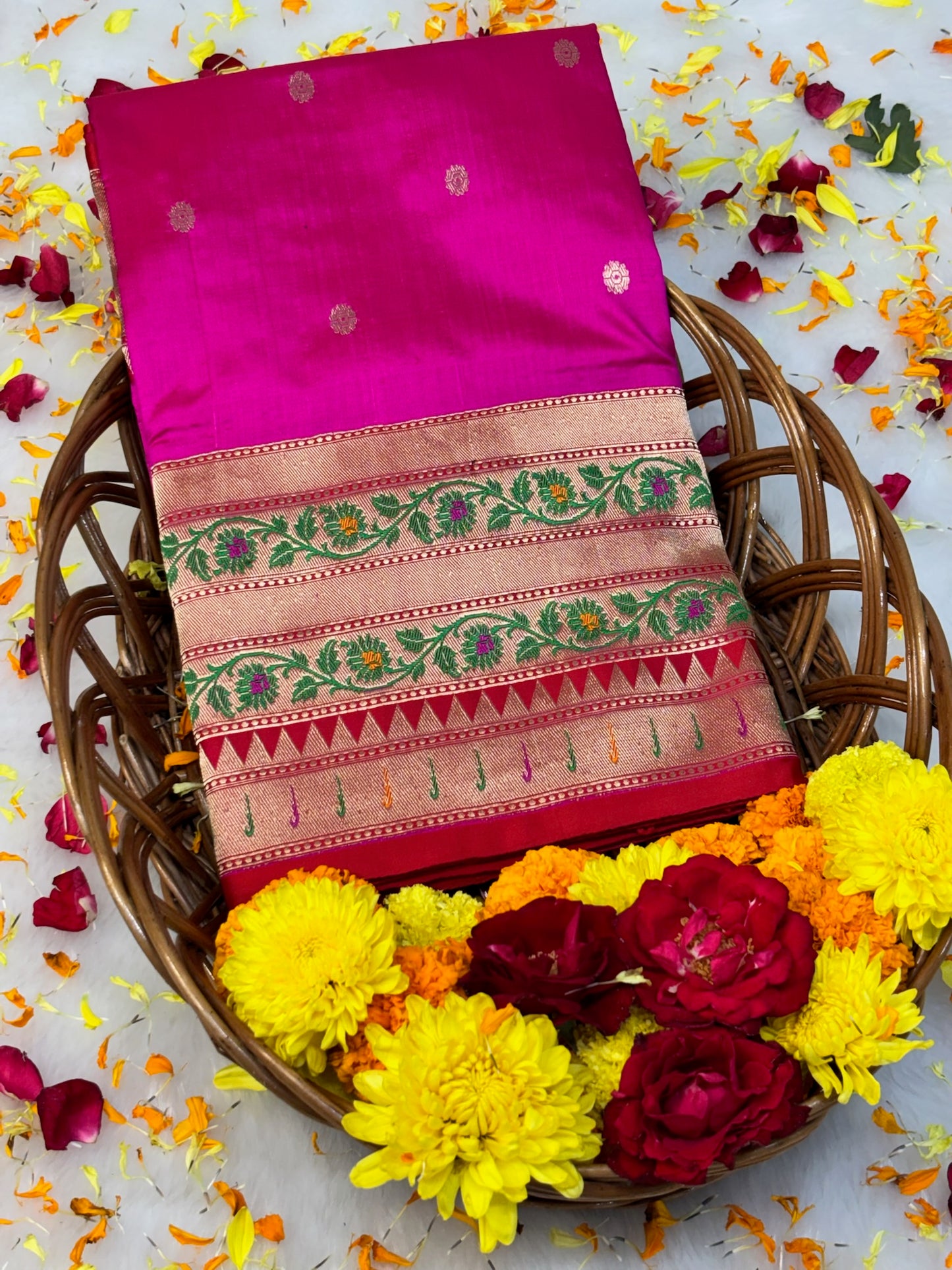 Pure Katan Silk Handwoven Banarasi Saree – Hot Pink  Base with Rich Zari Border