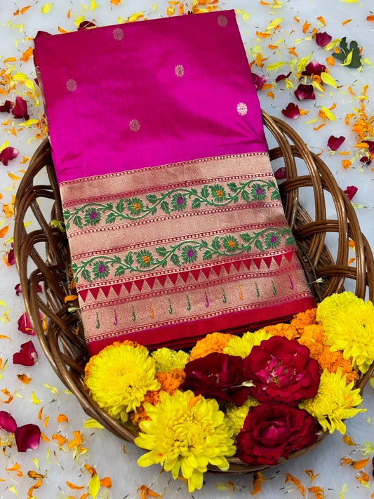 Pure Katan Silk Handwoven Banarasi Saree – Hot Pink  Base with Rich Zari Border