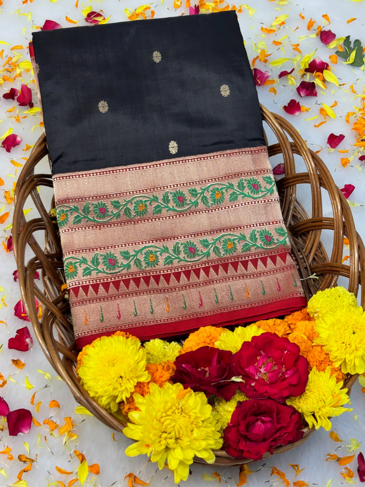 Pure Katan Silk Handwoven Banarasi Saree – Black Base with Rich Red Zari Border