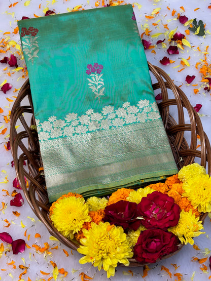 Pure Katan Silk Handwoven Banarasi Saree – Parrot Green Base with Rich Zari Border