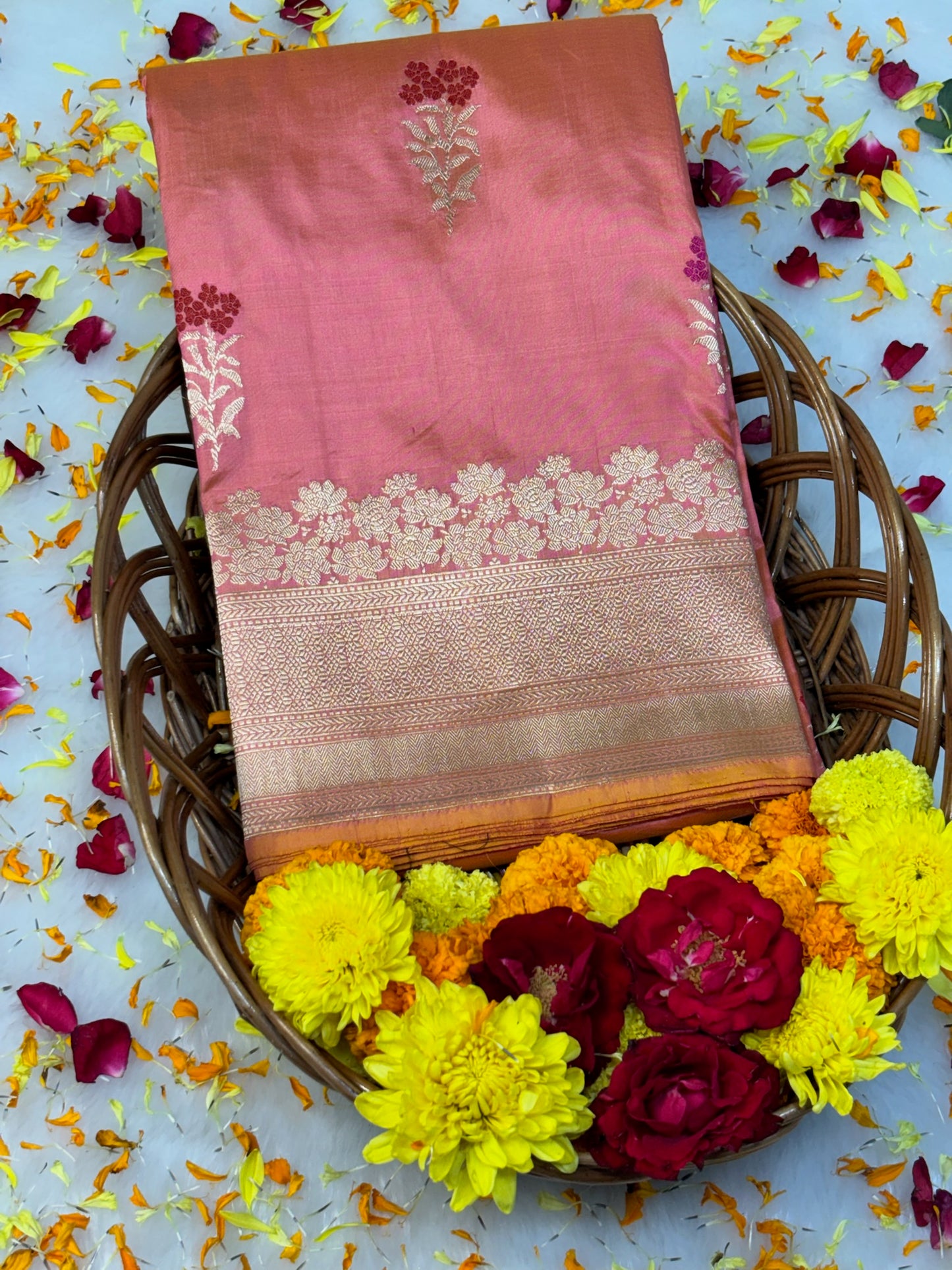Pure Katan Silk Handwoven Banarasi Saree –  Peach Gold Base with Rich Zari Border
