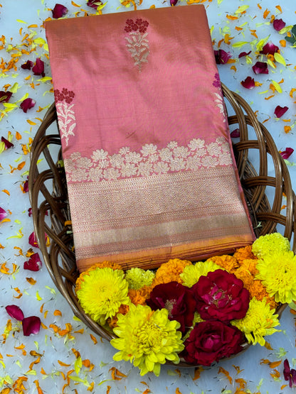 Pure Katan Silk Handwoven Banarasi Saree –  Peach Gold Base with Rich Zari Border