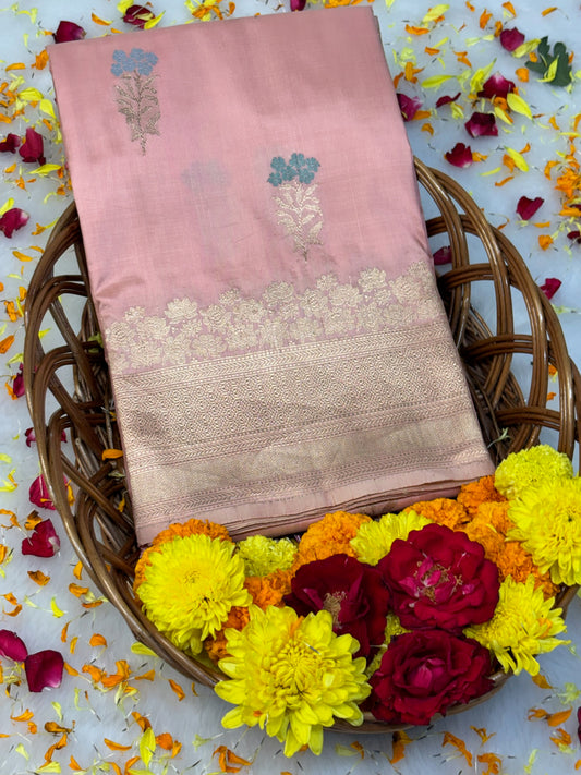 Pure Katan Silk Handwoven Banarasi Saree – Peach Gold Base with Rich Zari Border