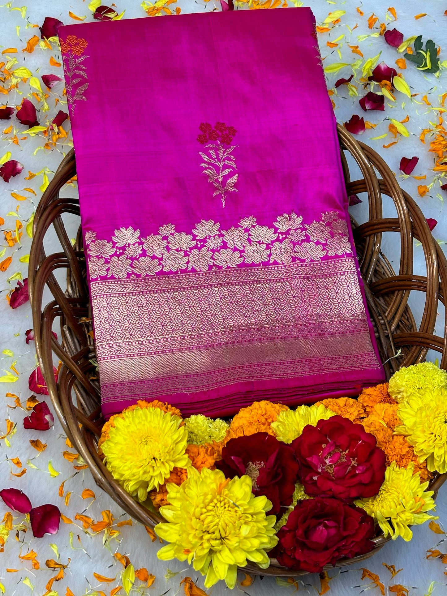 Pure Katan Silk Handwoven Banarasi Saree –Rani Pink  Base with Rich Red Zari Border