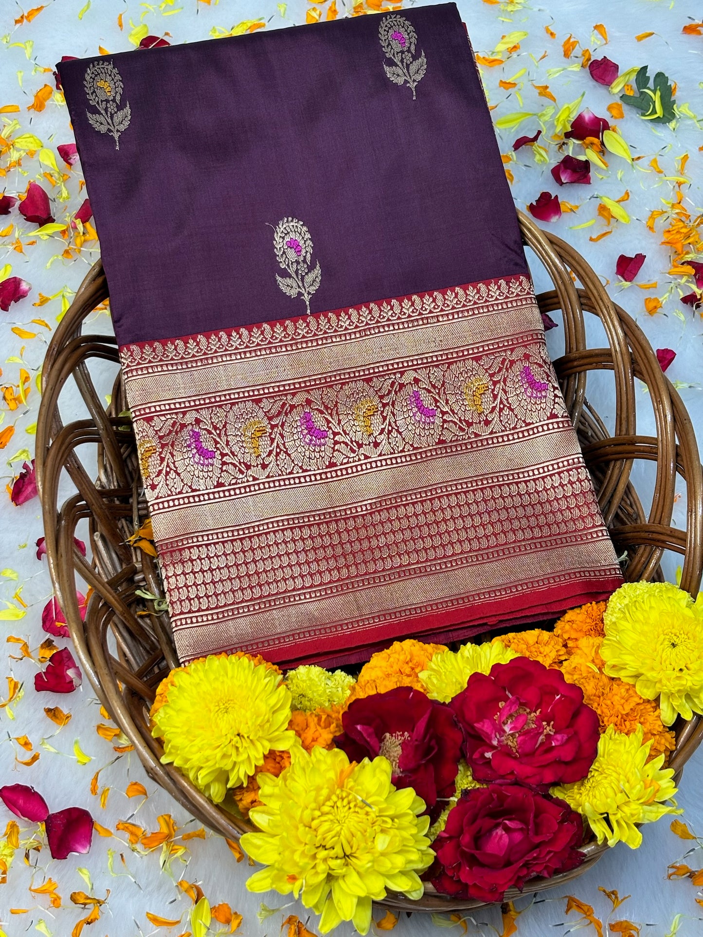 Pure Katan Silk Handwoven Banarasi Saree – Wine Base with Rich Zari Border