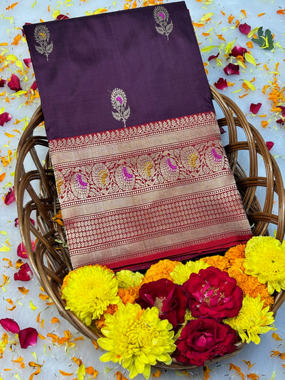 Pure Katan Silk Handwoven Banarasi Saree – Wine Base with Rich Zari Border