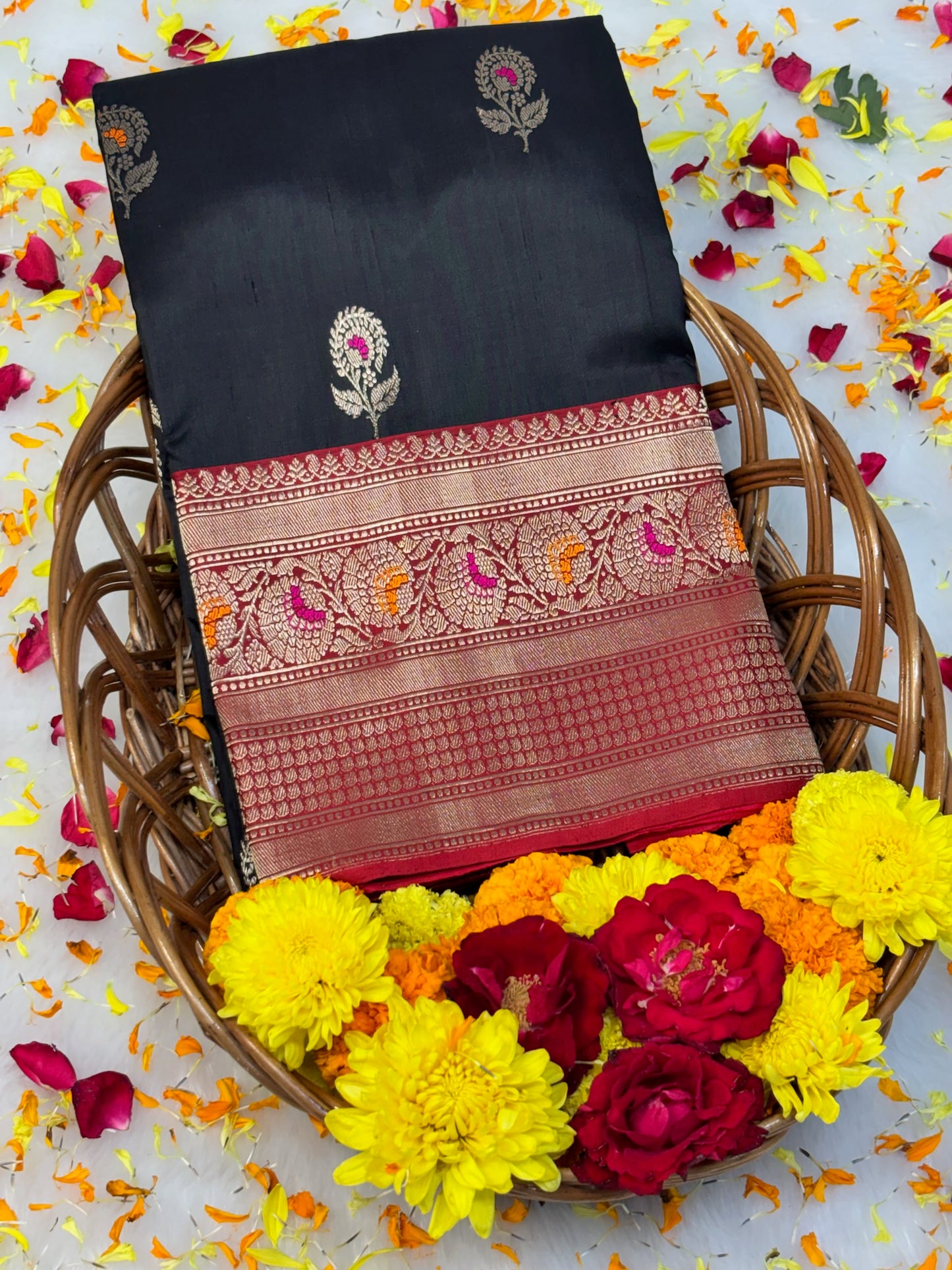 Pure Katan Silk Handwoven Banarasi Saree –  Black Base with Rich Zari Border