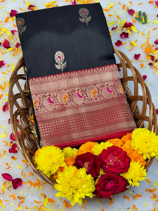 Pure Katan Silk Handwoven Banarasi Saree –  Black Base with Rich Zari Border
