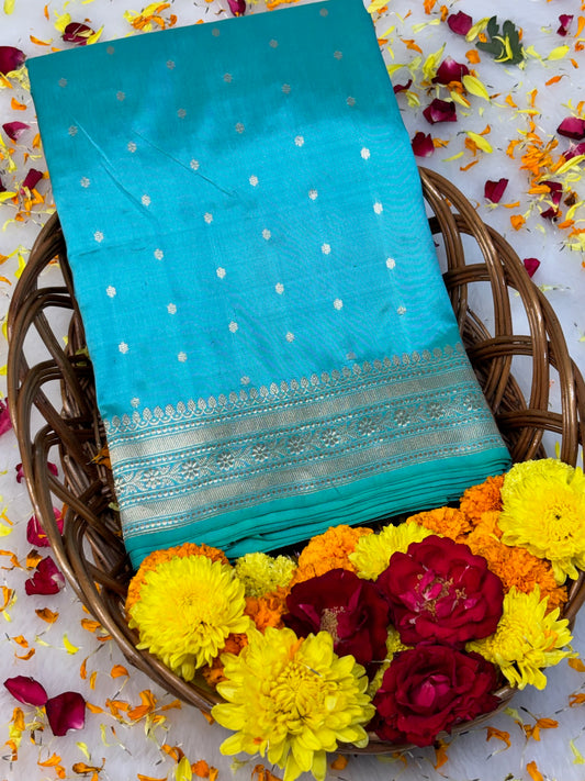Pure Katan Silk Handwoven Banarasi Saree – Blue Base with Rich Zari Border