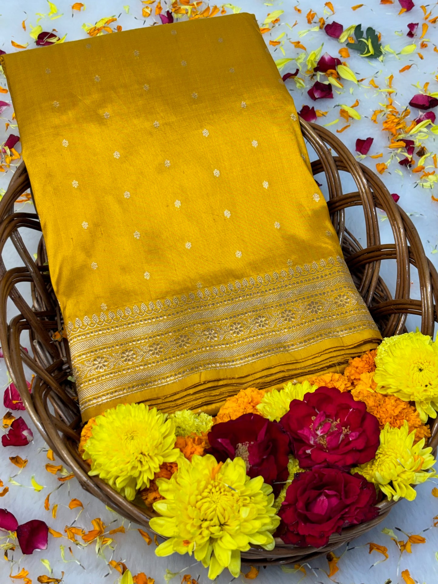 Pure Katan Silk Handwoven Banarasi Saree – Yellow Base with Rich Zari Border