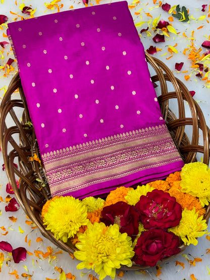Pure Katan Silk Handwoven Banarasi Saree – Hot Pink Base with Rich Zari Border