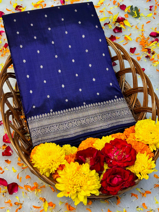 Pure Katan Silk Handwoven Banarasi Saree –Royal Blue Base with Rich Zari Border