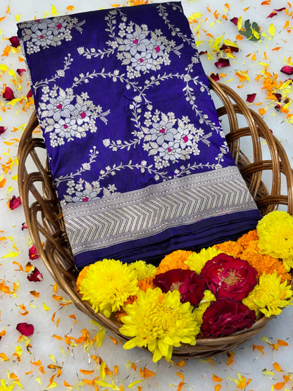Pure Royal Blue Katan Silk Banarasi Saree with Rich Zari Border