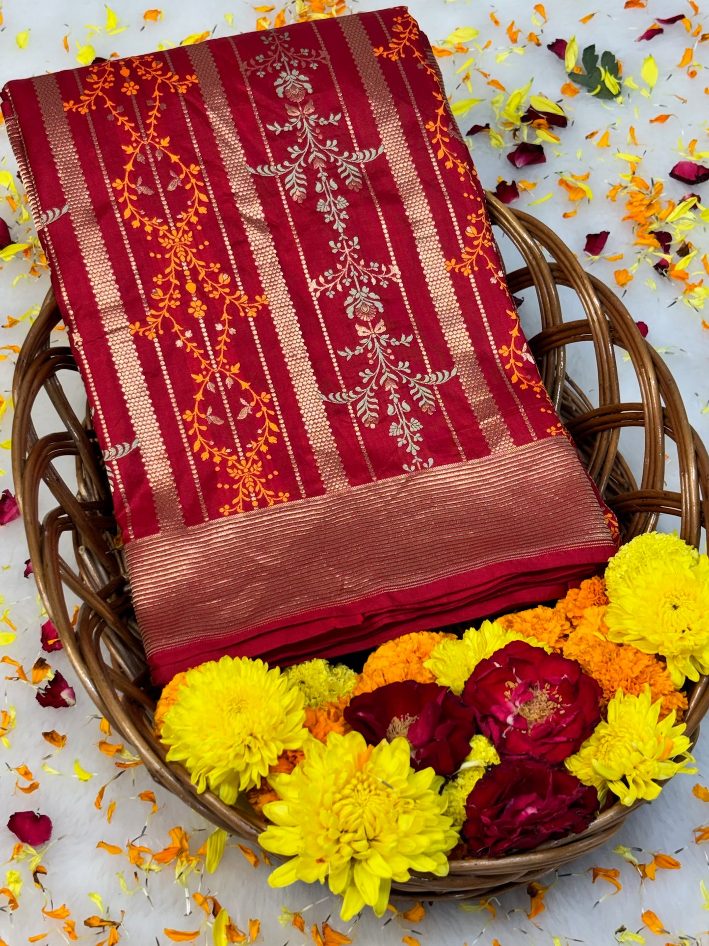 Banarasi Red Pure Silk Brocade Saree – Luxurious Katan Silk with Intricate Brocade Weave
