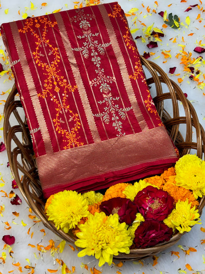 Banarasi Red Pure Silk Brocade Saree – Luxurious Katan Silk with Intricate Brocade Weave