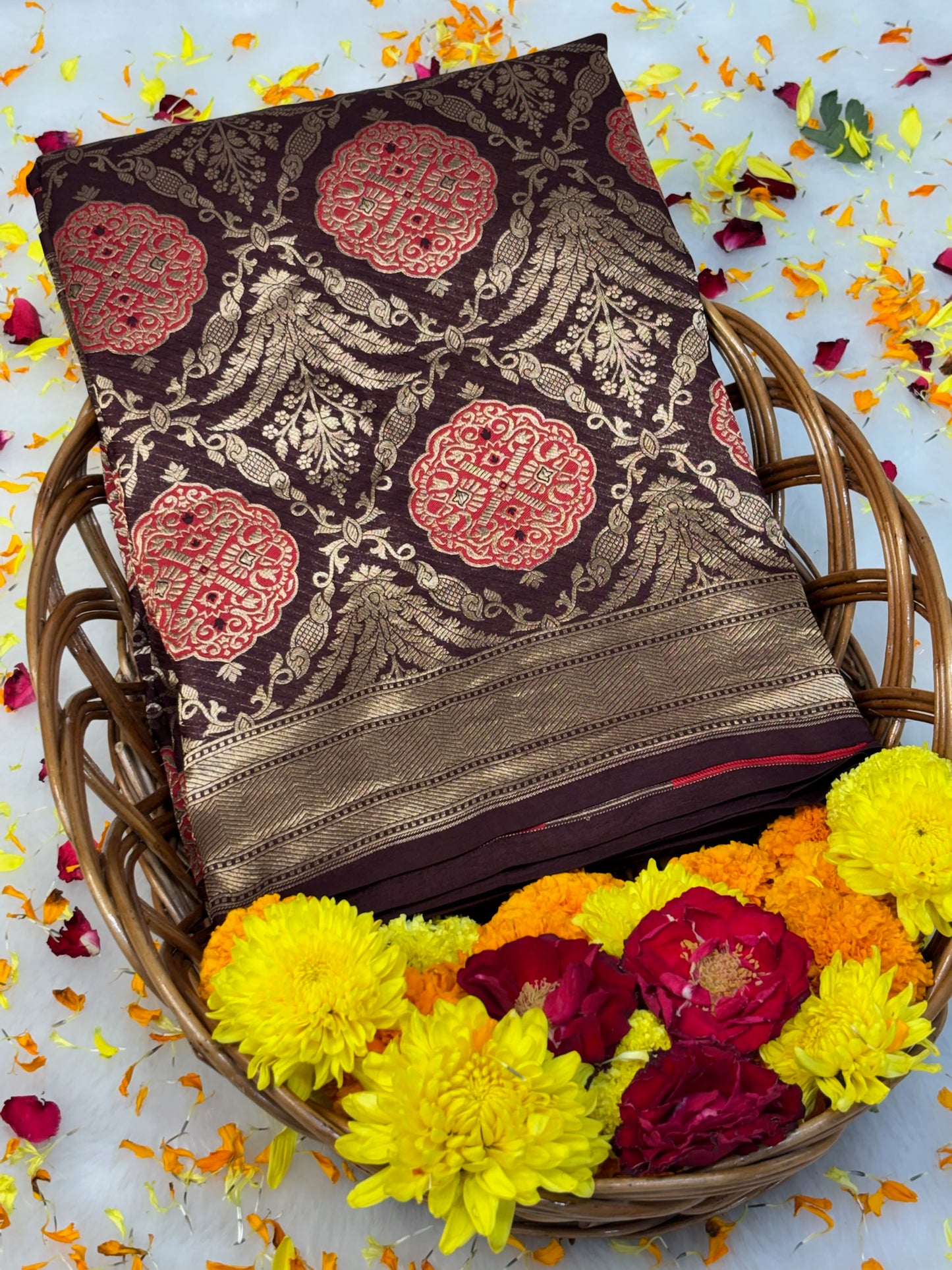 Banarasi Chocolate Brown Pure Silk Brocade Saree – Luxurious Katan Silk with Intricate Brocade Weave