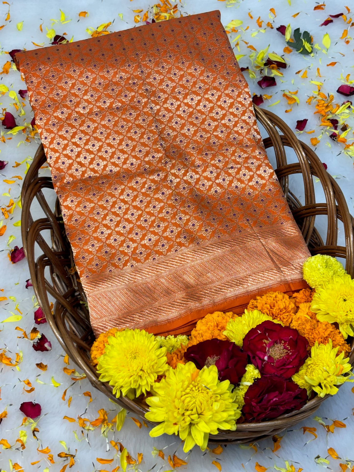 Banarasi Orange Pure Silk Brocade Saree – Luxurious Katan Silk with Intricate Brocade Weave