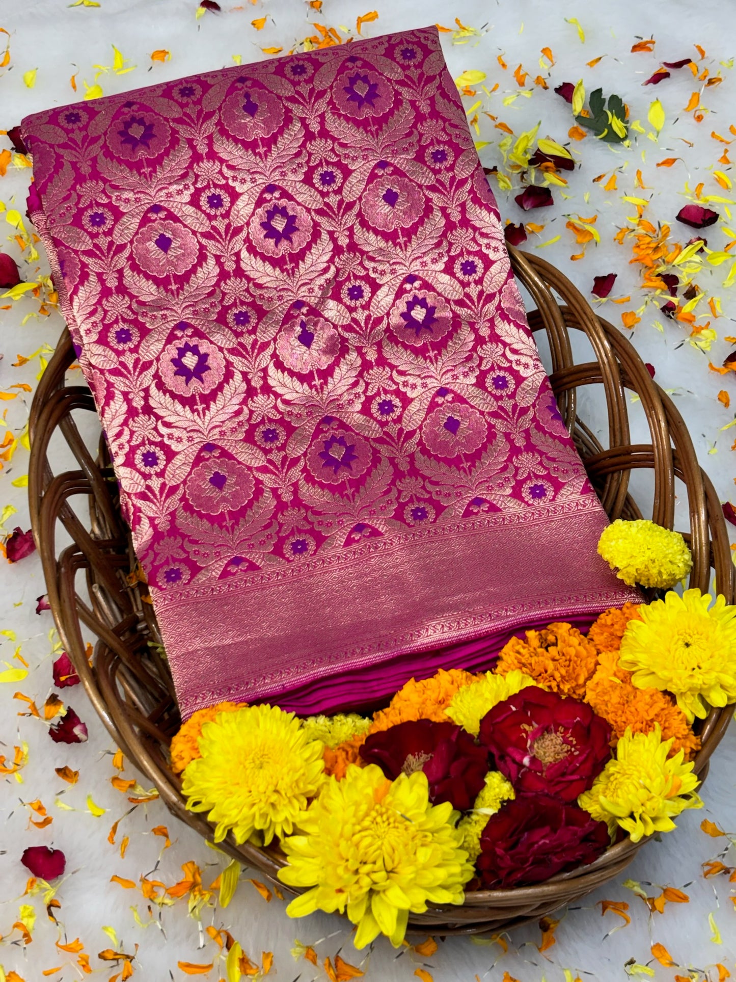 Banarasi Rani Pink Pure Silk Brocade Saree – Luxurious Katan Silk with Intricate Brocade Weave
