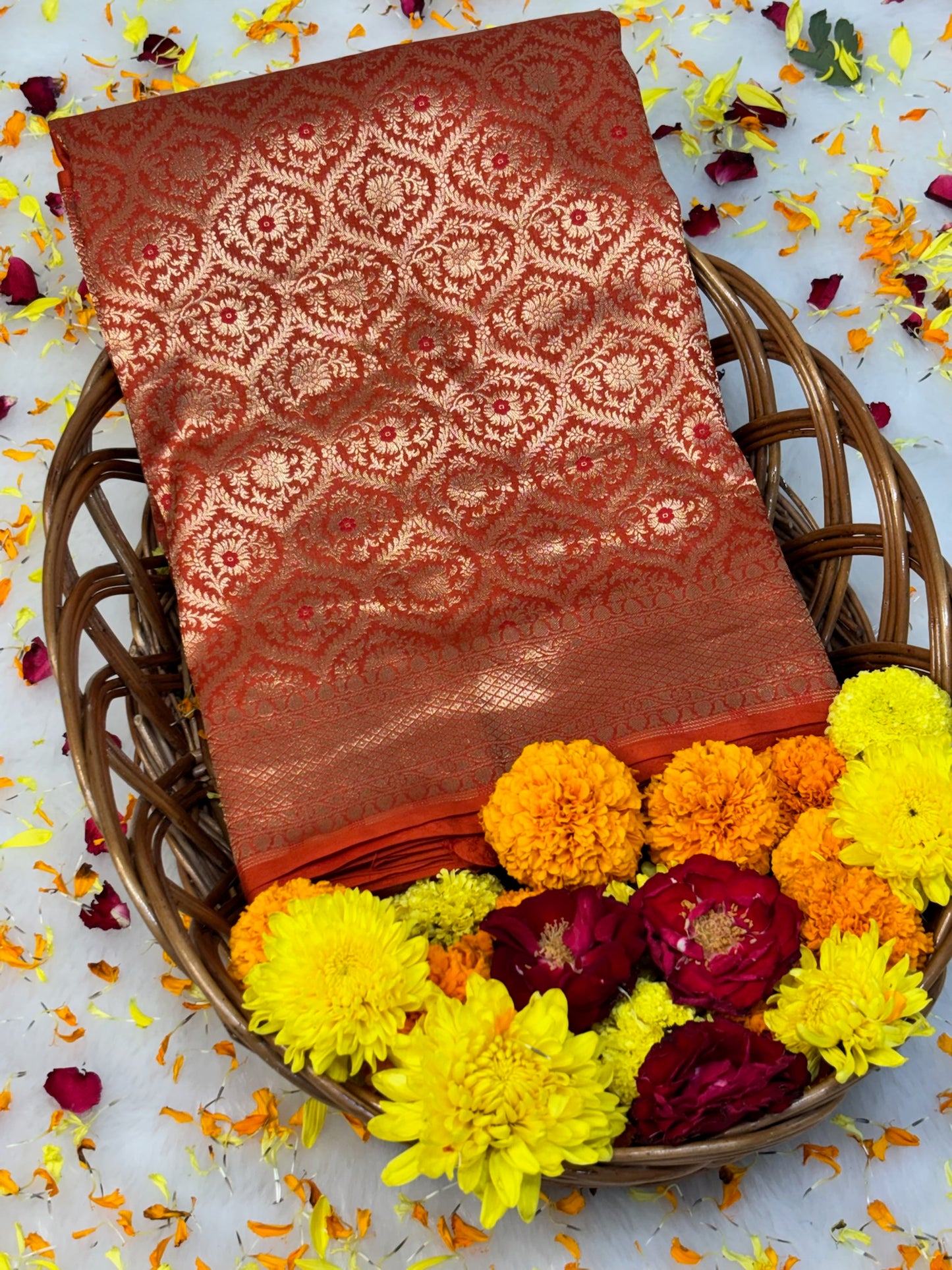 Banarasi Orange Pure Silk Brocade Saree – Luxurious Katan Silk with Intricate Brocade Weave