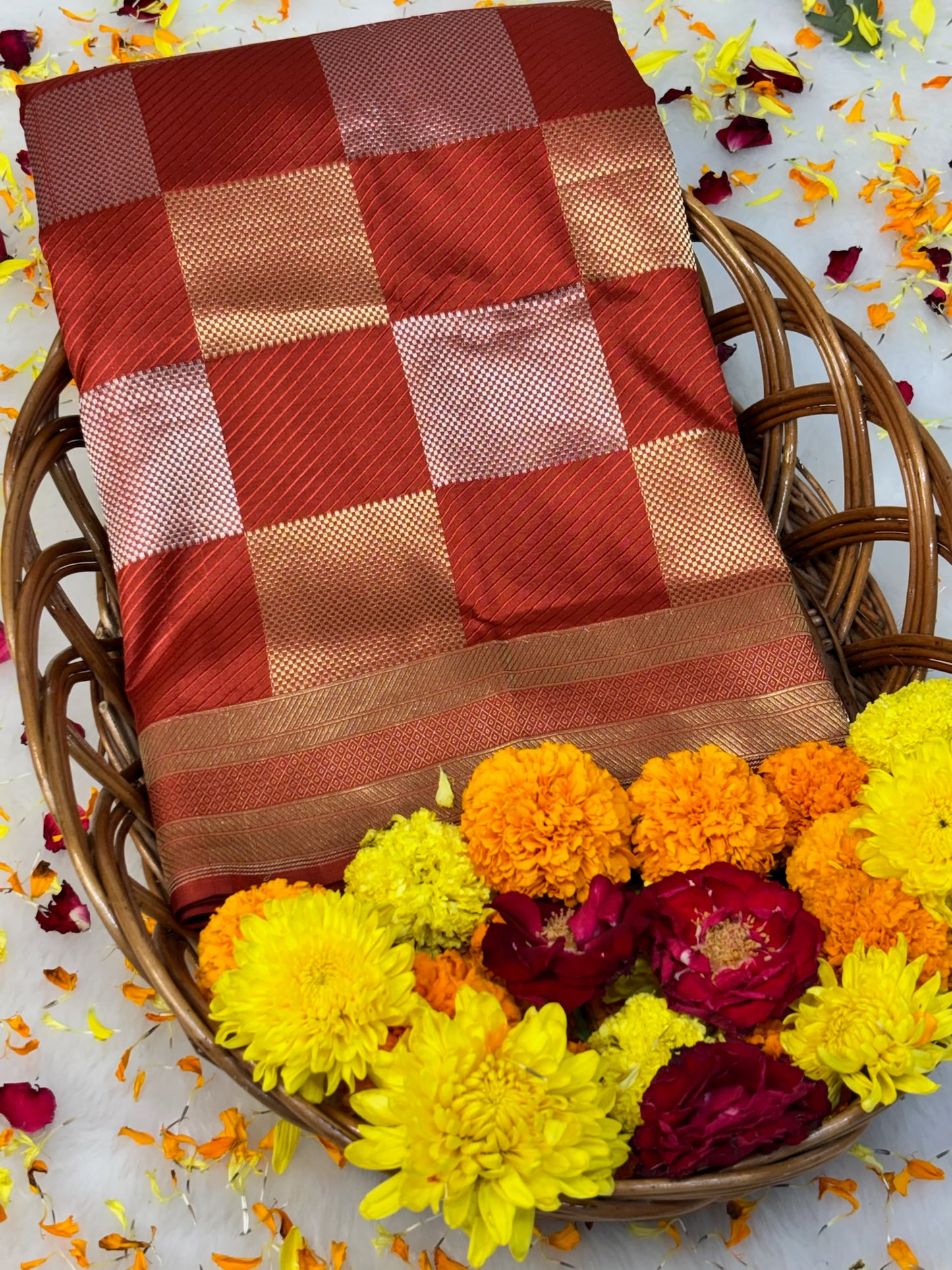 Banarasi Brick Red Pure Silk Brocade Saree – Luxurious Katan Silk with Intricate Brocade Weave