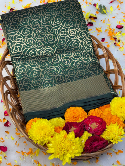 Banarasi Bottle Green Pure Silk Brocade Saree – Luxurious Katan Silk with Intricate Brocade Weave