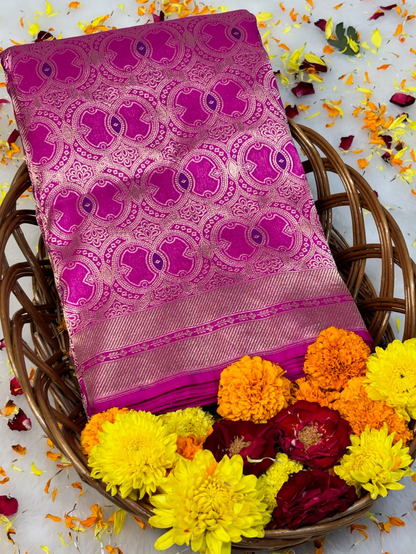 Banarasi Hot Pink Pure Silk Brocade Saree – Luxurious Katan Silk with Intricate Brocade Weave