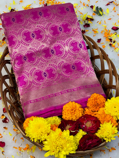 Banarasi Hot Pink Pure Silk Brocade Saree – Luxurious Katan Silk with Intricate Brocade Weave