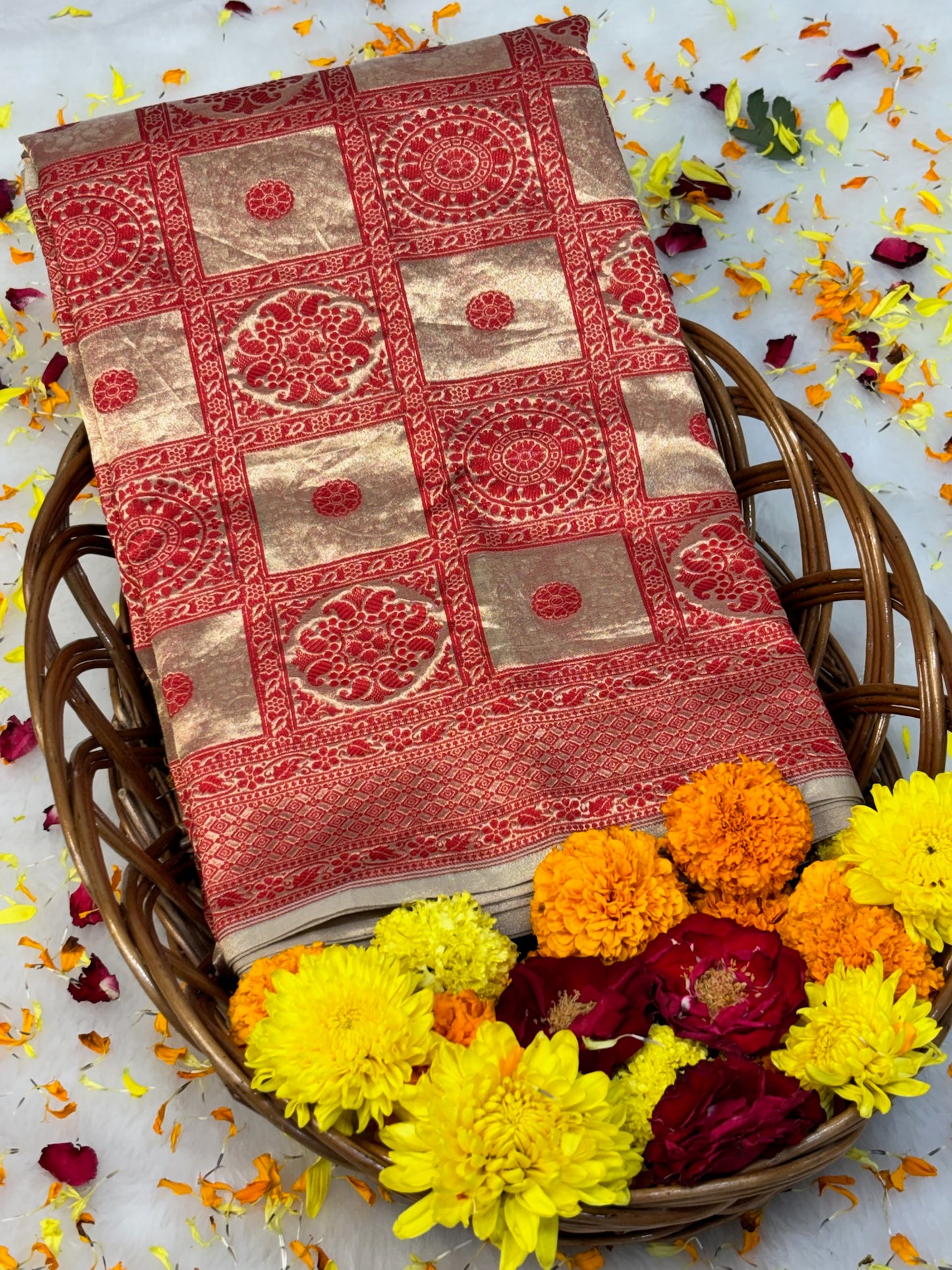 Red & Gold 100% Pure Tissue Silk Tanchoi Saree | Handwoven Banarasi Luxury Saree