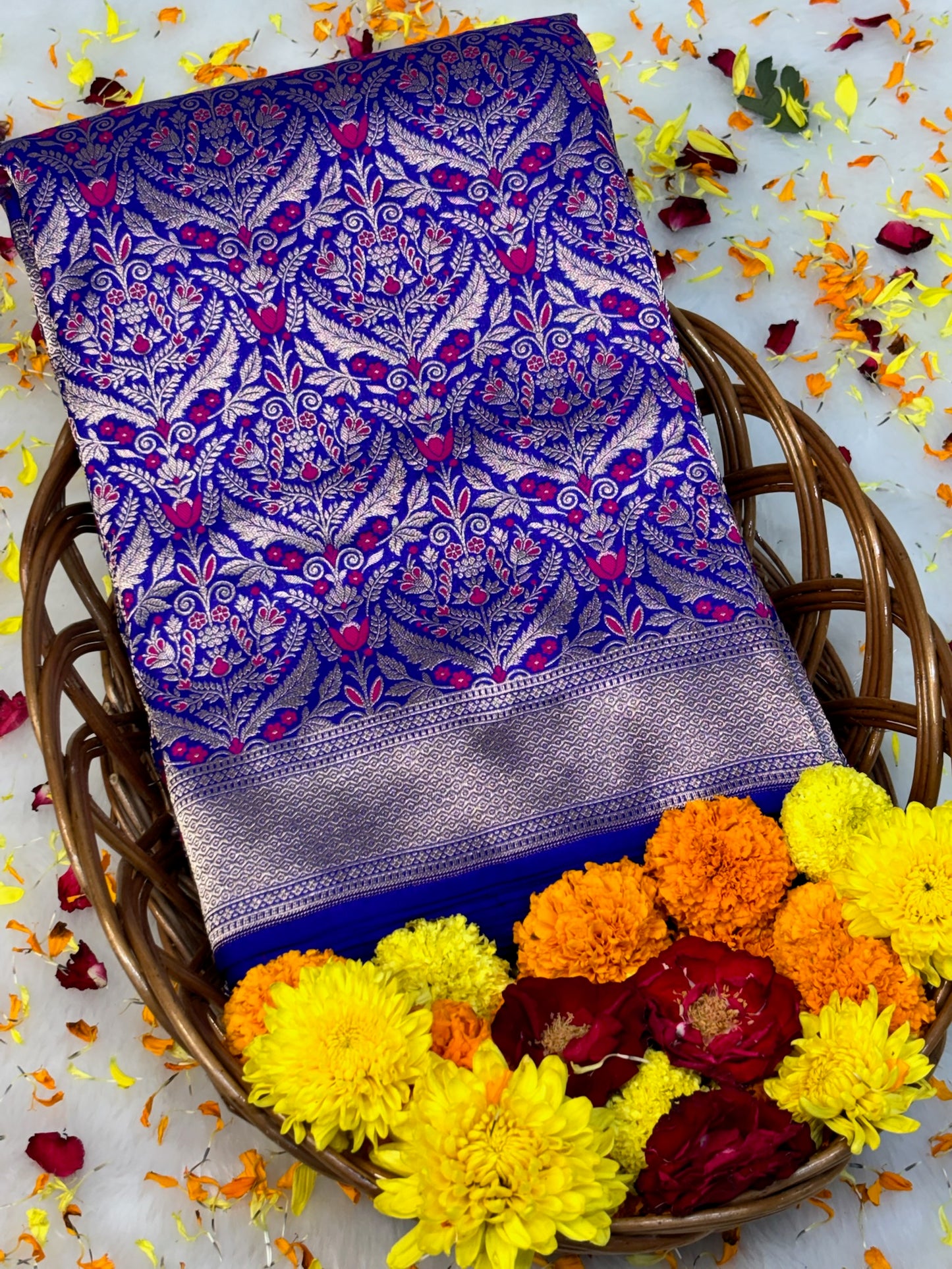 Banarasi Royal Blue  Pure Silk Brocade Saree – Luxurious Katan Silk with Intricate Brocade Weave