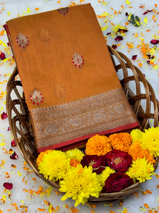 100% Pure Orange Cotton Silk Saree | Soft Lightweight Handwoven Elegant Saree for Daily & Festive Wear