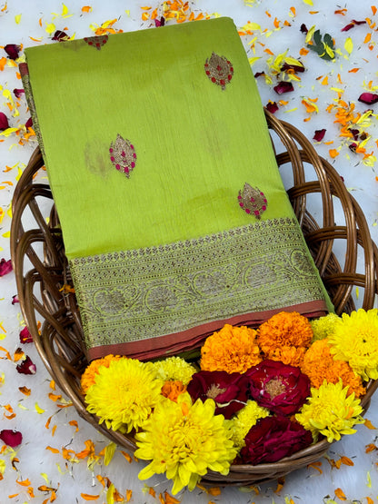 100% Pure Lime Green Cotton Silk Saree | Soft Lightweight Handwoven Elegant Saree for Daily & Festive Wear