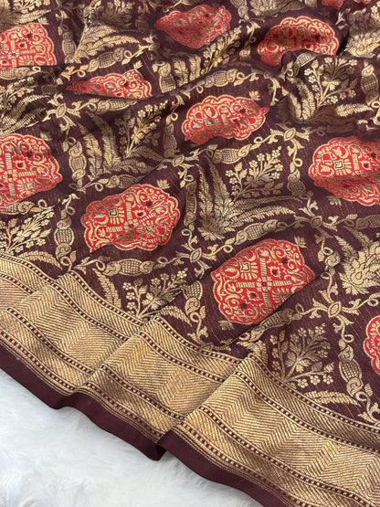 Banarasi Chocolate Brown Pure Silk Brocade Saree – Luxurious Katan Silk with Intricate Brocade Weave