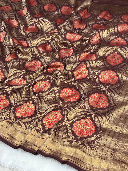 Banarasi Chocolate Brown Pure Silk Brocade Saree – Luxurious Katan Silk with Intricate Brocade Weave