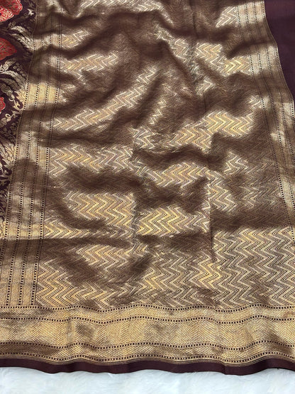 Banarasi Chocolate Brown Pure Silk Brocade Saree – Luxurious Katan Silk with Intricate Brocade Weave