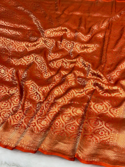 Banarasi Orange Pure Silk Brocade Saree – Luxurious Katan Silk with Intricate Brocade Weave