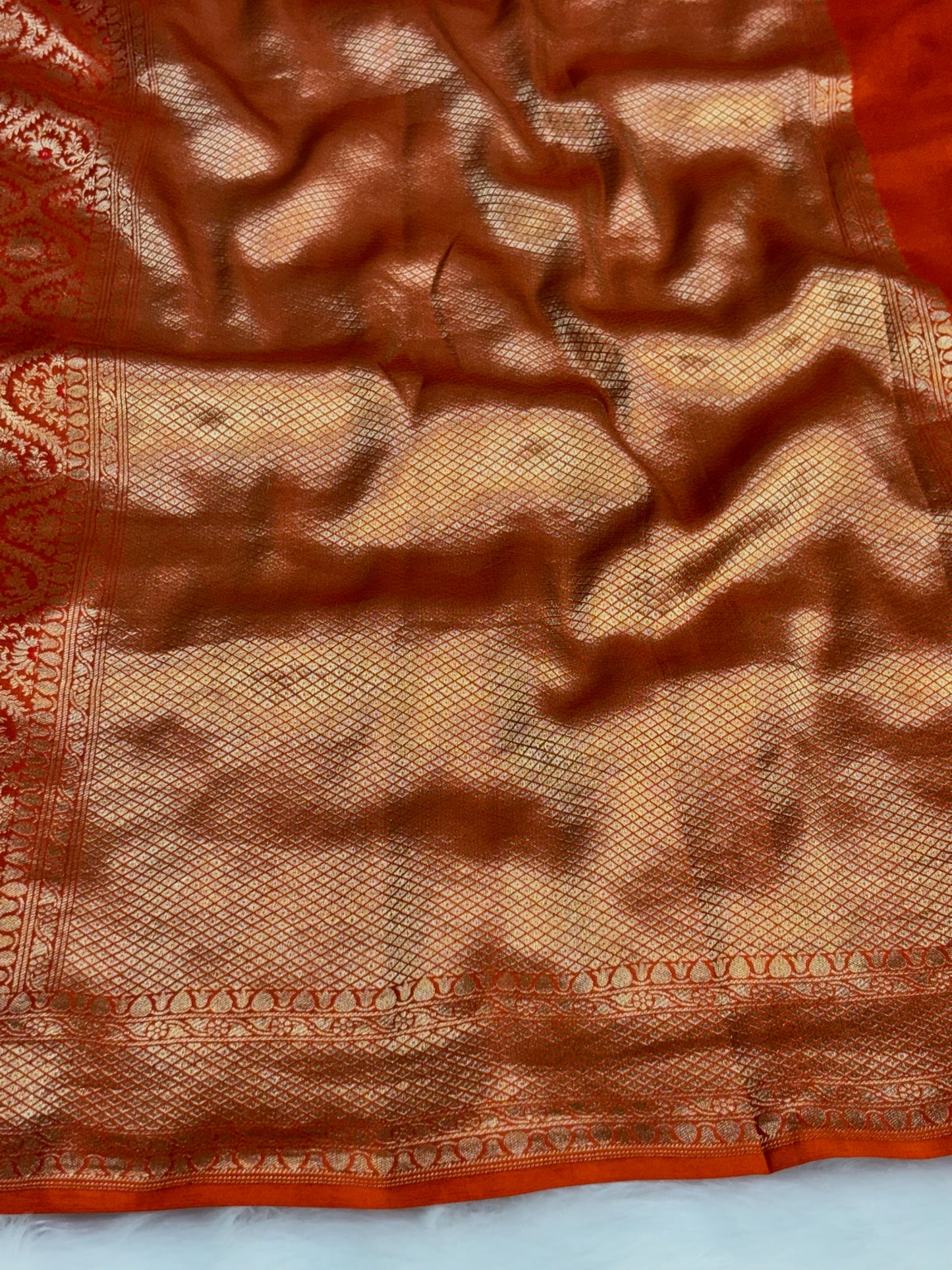 Banarasi Orange Pure Silk Brocade Saree – Luxurious Katan Silk with Intricate Brocade Weave