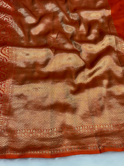 Banarasi Orange Pure Silk Brocade Saree – Luxurious Katan Silk with Intricate Brocade Weave