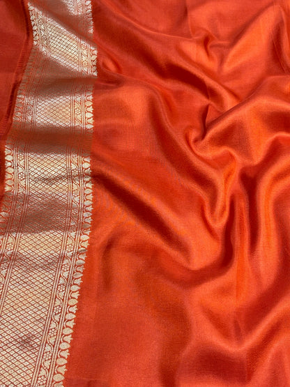 Banarasi Orange Pure Silk Brocade Saree – Luxurious Katan Silk with Intricate Brocade Weave