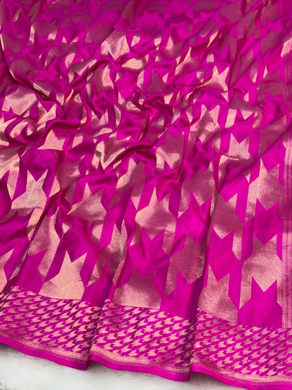 Banarasi Hot Pink Pure Silk Brocade Saree – Luxurious Katan Silk with Intricate Brocade Weave