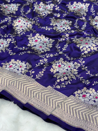 Pure Royal Blue Katan Silk Banarasi Saree with Rich Zari Border