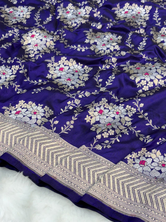 Pure Royal Blue Katan Silk Banarasi Saree with Rich Zari Border